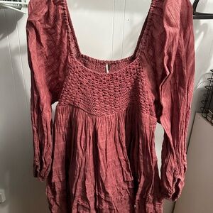 Free People Fuchsia Textured Smocked Long-Sleeve Mini Dress